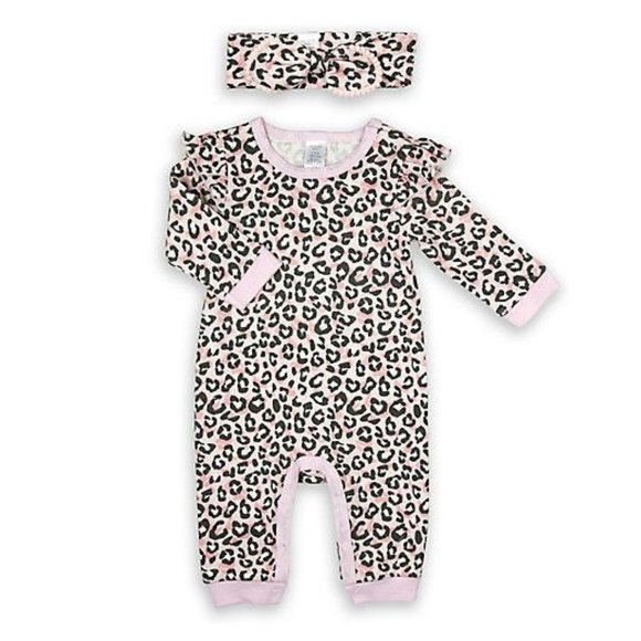 Modern Baby Size 12M 2 Pc. Pink Animal Print Romper - Coverall & Headband Set - Picture 1 of 3